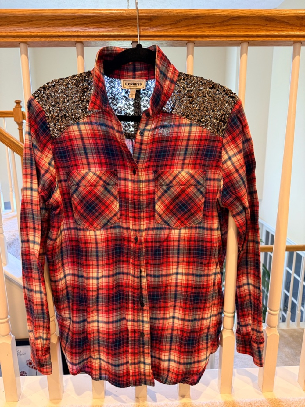 Express Plaid Shirt with Navy Sequin Trim